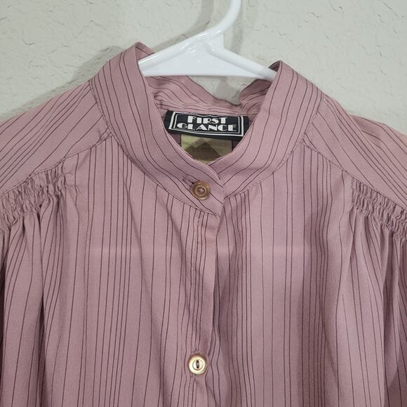 Vintage Blouse First Glance Women Small Pink Pinstripe Roll Up Sleeve 80s Retro - Picture 7 of 11